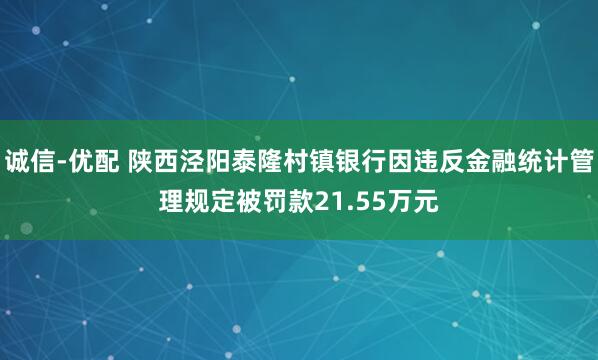 诚信-优配 陕西泾阳泰隆村镇银行因违反金融统计管理规定被罚款21.55万元